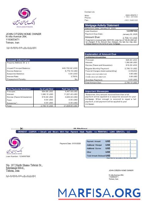 Realistic Iran Zamin bank mortgage statement in Word and PDF formats real example